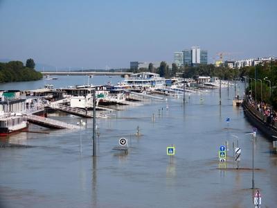 Overflowed Danube river - Budapest - Submerged Pest quay with boats-stock-photo