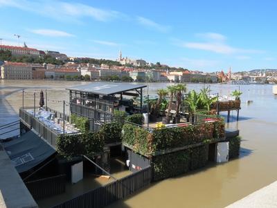 Submerged restaurant - Overflowed Danube river - Budapest - Cyclone Boris-stock-photo