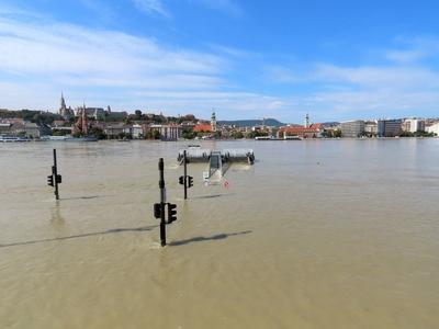 Budapest - Flooded Danube - Submerged Pest quay - Overflowed panorama-stock-photo