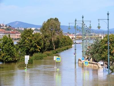 Overflowed Danube river - Budapest - Submerged Pest quay - Boros Cyclone-stock-photo