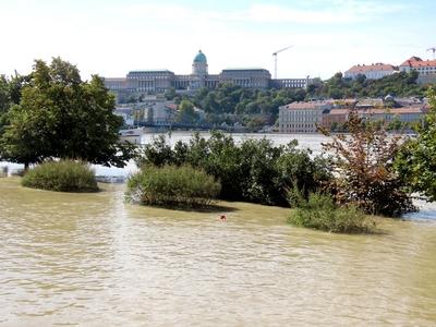 Overflowed Danube river - Submerged Pest quay - Budapest-stock-photo