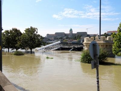 Overflowed Danube river - Budapest - Submerged Pest quay-stock-photo