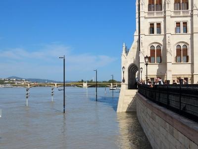 Overflowed Danube river - Budapest - Parliament submerged legs-stock-photo