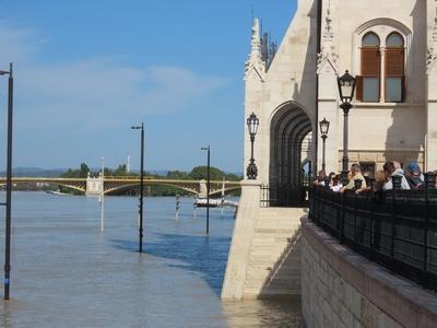 Overflowed Danube river - Budapest - Submerged Parliament legs - Cyclone Boris-stock-photo