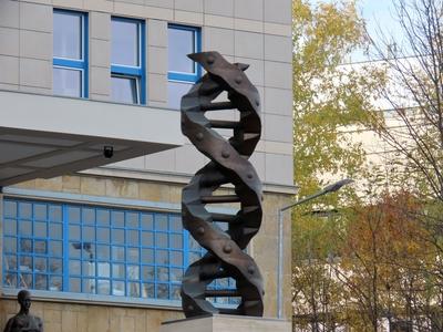 Gene chain statue - Kútvölgyi Hospital - Budapest-stock-photo