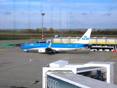 An airplane of the Dutch airline KLM at Ferenc Liszt Airport in Ferihegy - Budapest-stock-photo