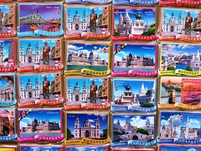 Magnetic stickers depicting Budapest in a shop window-stock-photo