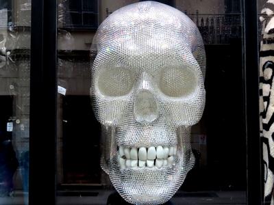 Decoration of a shop window in the city centre - Budapest - Death's head-stock-photo