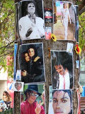 Photos of Michael Jackson on the trunk of a memorial tree in downtown Budapest-stock-photo