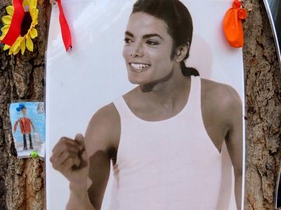 Michael Jackson's photo on the trunk of a memorial tree in downtown Budapest-stock-photo