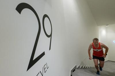 Stair running competition in MOL Campus tower in Budapest-stock-photo