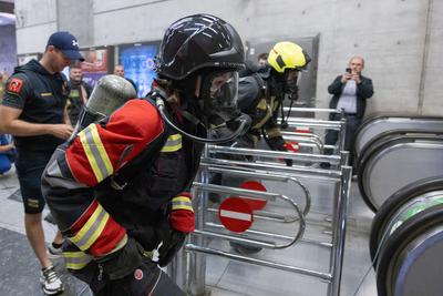 Firemen metro stair running competition in Budapest-stock-photo