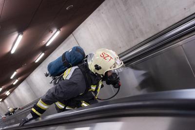 Firemen metro stair running competition in Budapest-stock-photo