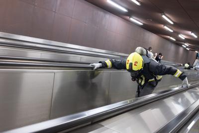 Firemen metro stair running competition in Budapest-stock-photo