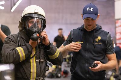 Firemen metro stair running competition in Budapest-stock-photo