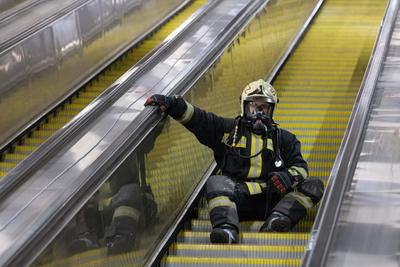 Firemen metro stair running competition in Budapest-stock-photo