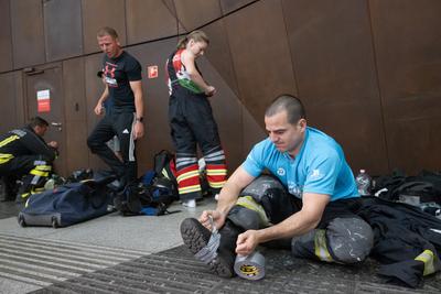 Firemen metro stair running competition in Budapest-stock-photo