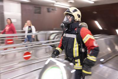 Firemen metro stair running competition in Budapest-stock-photo