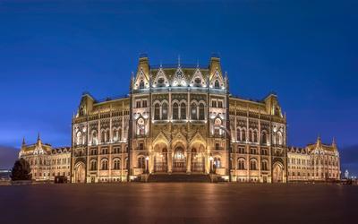 Night view of the illuminated building of the hungarian parliament in budapest. I took this photo from unusual viewpoint.-stock-photo