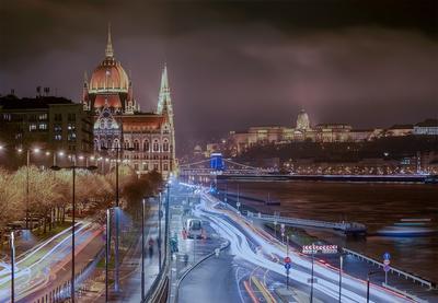 Hungarian parliament with traffic lights, buda castle and Szechenyi chain bridge.-stock-photo