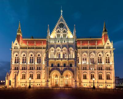 Night view of the illuminated building of the hungarian parliament in budapest. I took this photo from unusual viewpoint.-stock-photo