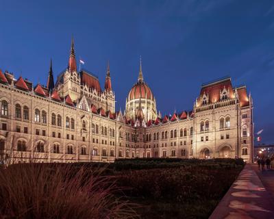 Night view of the illuminated building of the hungarian parliament in budapest. I took this photo from unusual viewpoint.-stock-photo