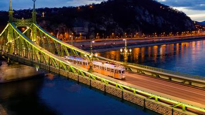 Light tram in Budapest Liberty bridge-stock-photo