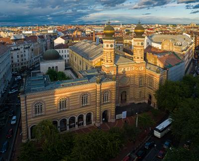 Budapest, Hungary. Dohany street Synagogue aerial view. This is an Jewish memorial center also known as the Great Synagogue or Tabakgasse Synagogue. It is the largest synagogue in Europe-stock-photo