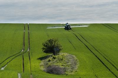 A farmer spraying on the spring wheat field with a John Deere tractor and a mamut topline sprayer.-stock-photo