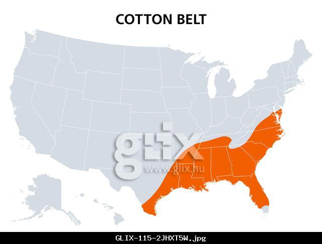 Cotton Belt of the United States, political map. Region of the American  South, from Delaware to